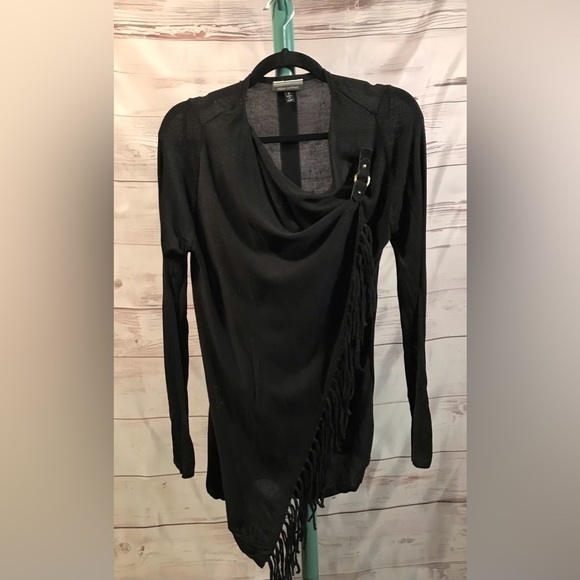 🖤BLK FRINGE BUCKLE WRAP CLOSURE LONG SLEEVE CARDIGAN SZ SM BY ALLISON BRITTNEY - Picture 5 of 6
